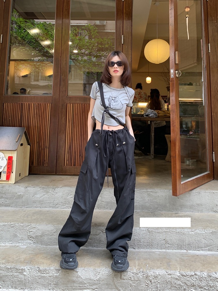 2022 New Vintage Y2K Drawstring Black Cargo Parachute Pants Women Harajuku Streetwear Wide Leg Straight Trousers 1 - Parachute Pant Shop