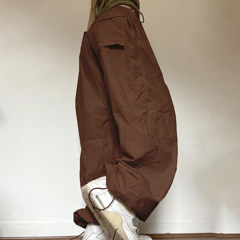 Baggy Cargo Parachute Pants Y2k Jogger Trousers Brown Wide Leg Retro Old School Hip Hop Adjustable 4 - Parachute Pant Shop