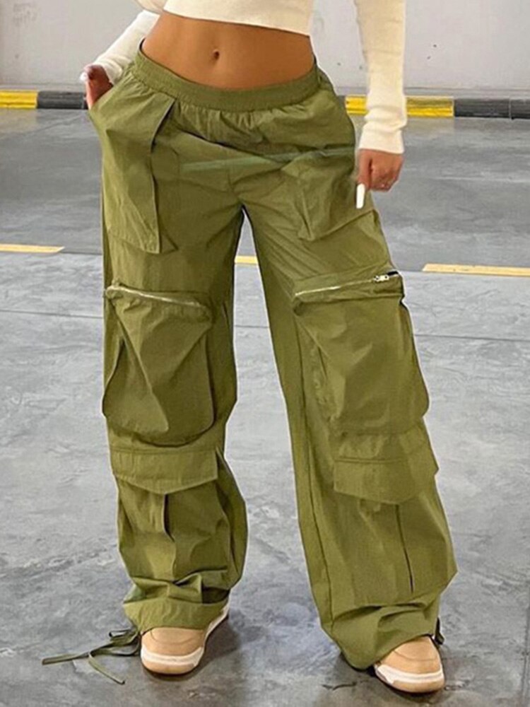 Cuteandpsycho Streetwear Chic Baggy Cargos Pockets Elastic Waisted Joggers Parachute Pants Harajuku Casual Women Y2K Trousers 4 - Parachute Pant Shop