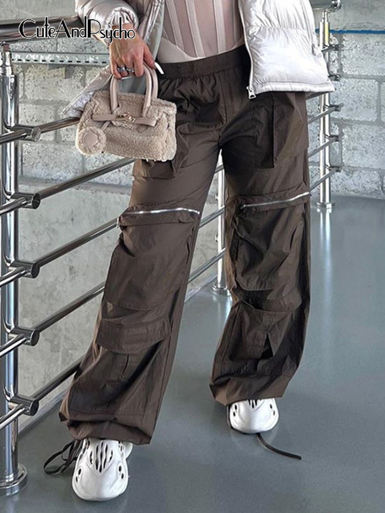Cuteandpsycho Streetwear Chic Baggy Cargos Pockets Elastic Waisted Joggers Parachute Pants Harajuku Casual Women Y2K Trousers - Parachute Pant Shop