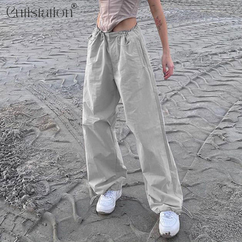 Cutistation Light Grey Grunge Pants Y2k Streetwear Women Low Rise Drawstring Baggy Parachute Cargo Trousers 90s - Parachute Pant Shop