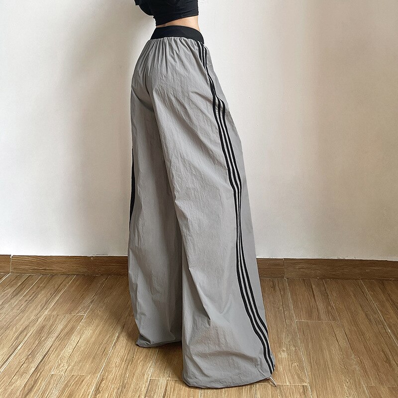 Gray Female Striped Baggy Parachute Pants Girl Y2k Bottoms Korean Style Oversize Loose Wide Leg Trousers 1 - Parachute Pant Shop