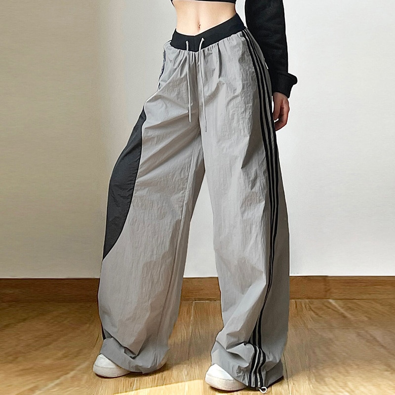Gray Female Striped Baggy Parachute Pants Girl Y2k Bottoms Korean Style Oversize Loose Wide Leg Trousers - Parachute Pant Shop