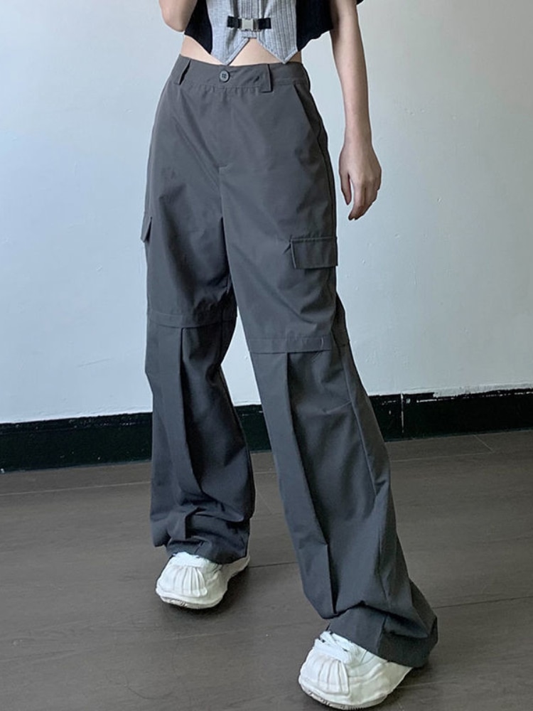 Gray Parachute Women Cyber Y2K Pants Streetwear Oversize Baggy Wide Leg Pockets Cargo Trousers Female Harajuku - Parachute Pant Shop