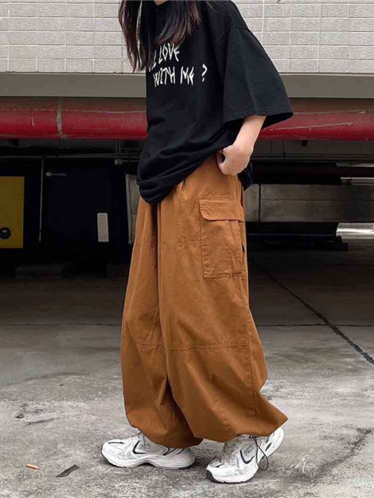 HOUZHOU Japanese Style Oversize Brown Cargo Pants Women Harajuku Streetwear Joggers Sweatpants Pockets Parachute Trousers Hippie 1 - Parachute Pant Shop