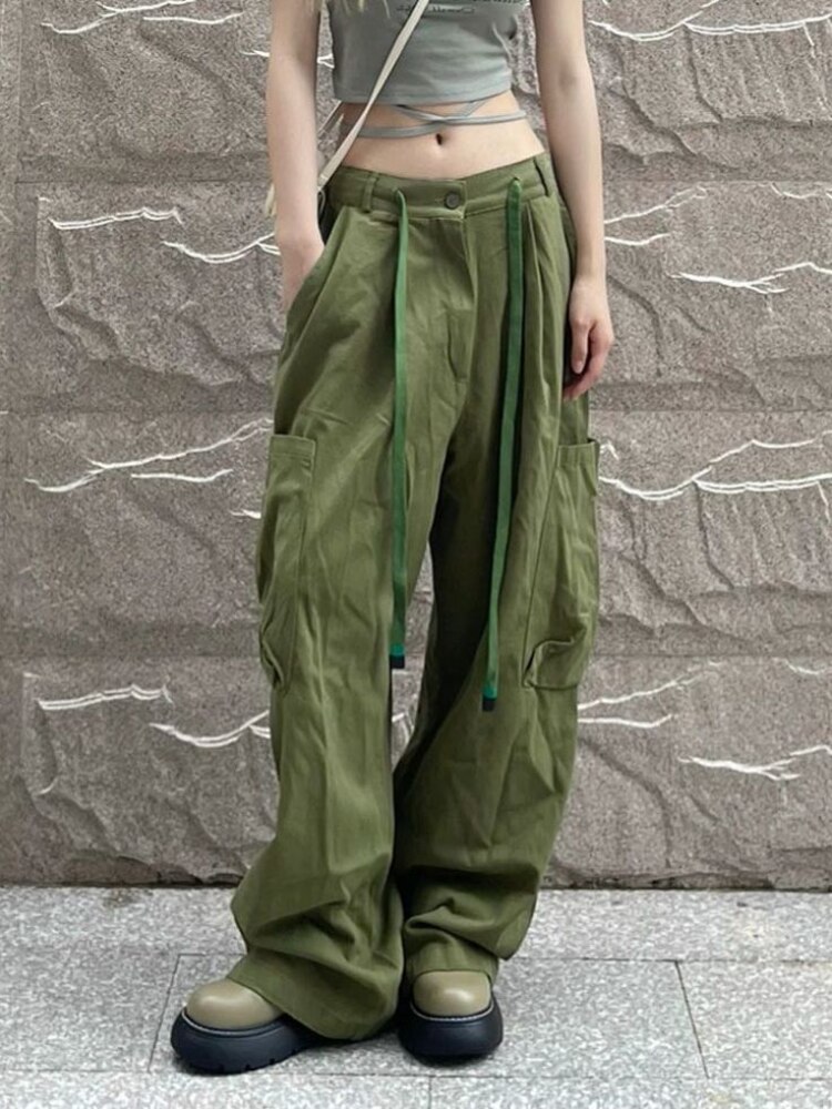 HOUZHOU Vintage Green Women Cargo Pants Oversized Baggy Parachute Pants Grunge Korean Streetwear Y2k Female Wide 1 - Parachute Pant Shop