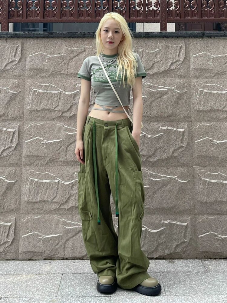 HOUZHOU Vintage Green Women Cargo Pants Oversized Baggy Parachute Pants Grunge Korean Streetwear Y2k Female Wide 2 - Parachute Pant Shop