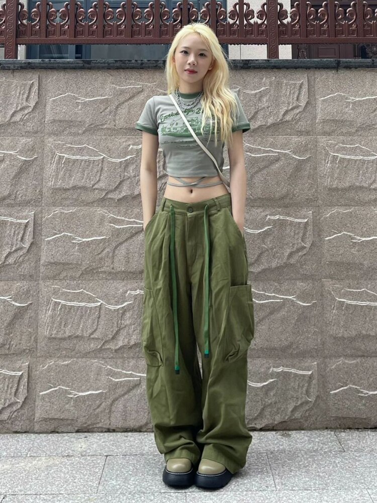 HOUZHOU Vintage Green Women Cargo Pants Oversized Baggy Parachute Pants Grunge Korean Streetwear Y2k Female Wide 3 - Parachute Pant Shop
