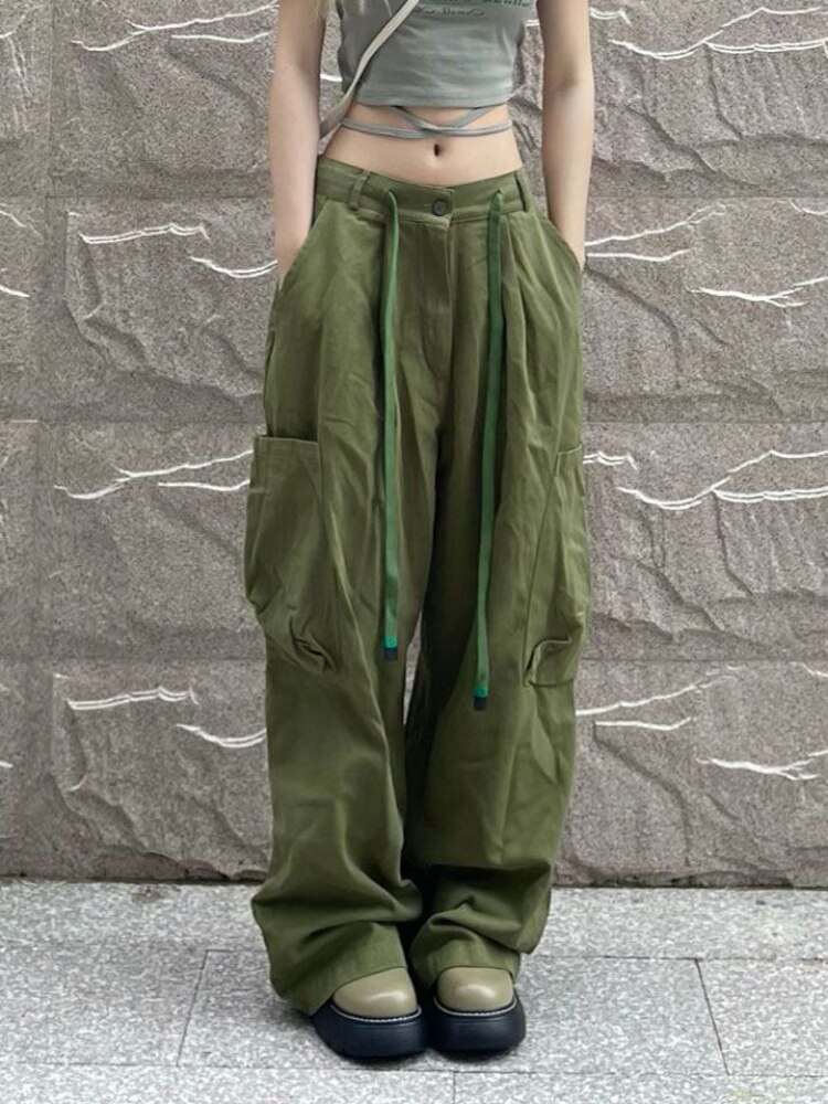 HOUZHOU Vintage Green Women Cargo Pants Oversized Baggy Parachute Pants Grunge Korean Streetwear Y2k Female Wide 4 - Parachute Pant Shop