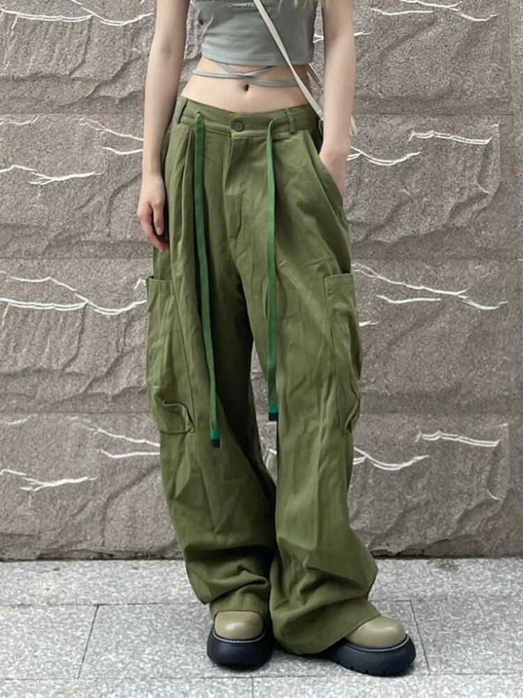 HOUZHOU Vintage Green Women Cargo Pants Oversized Baggy Parachute Pants Grunge Korean Streetwear Y2k Female Wide 5 - Parachute Pant Shop