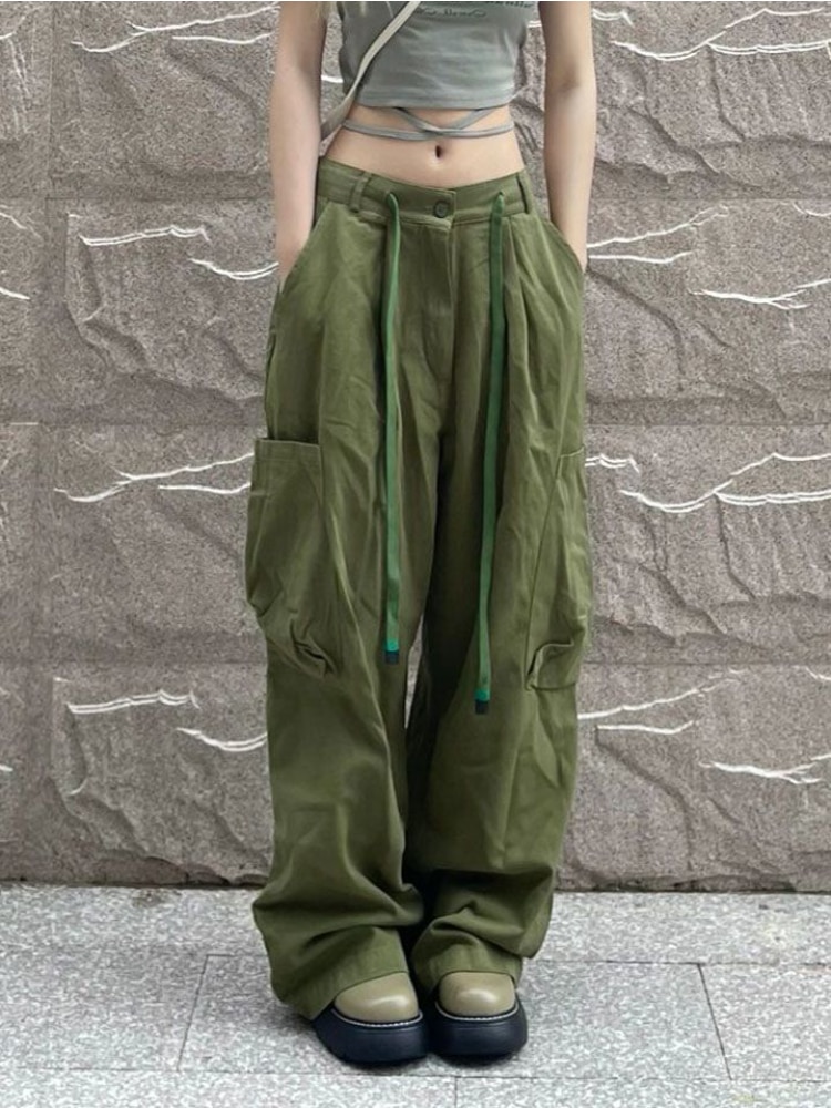 HOUZHOU Vintage Green Women Cargo Pants Oversized Baggy Parachute Pants Grunge Korean Streetwear Y2k Female Wide - Parachute Pant Shop