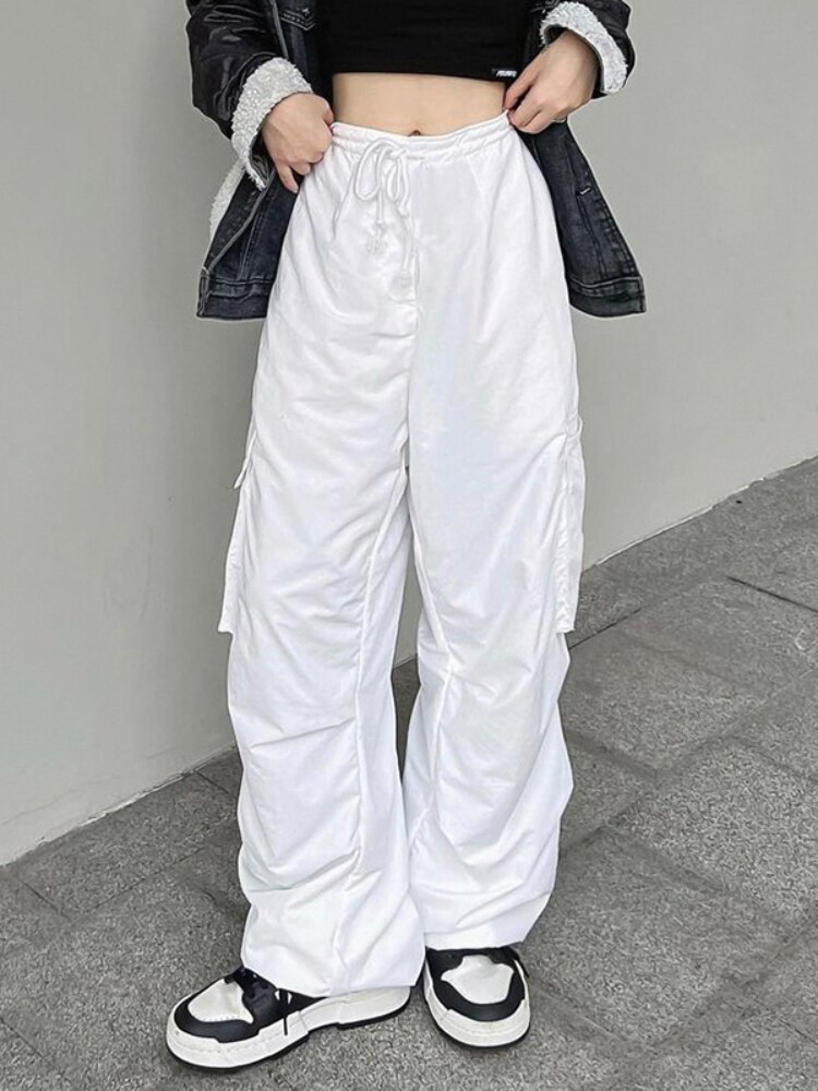 HOUZHOU Y2K Harajuku White Parachute Cargo Pants Hip Hop Vintage Streetwear Wide Leg Pockets Trousers Female 1 - Parachute Pant Shop