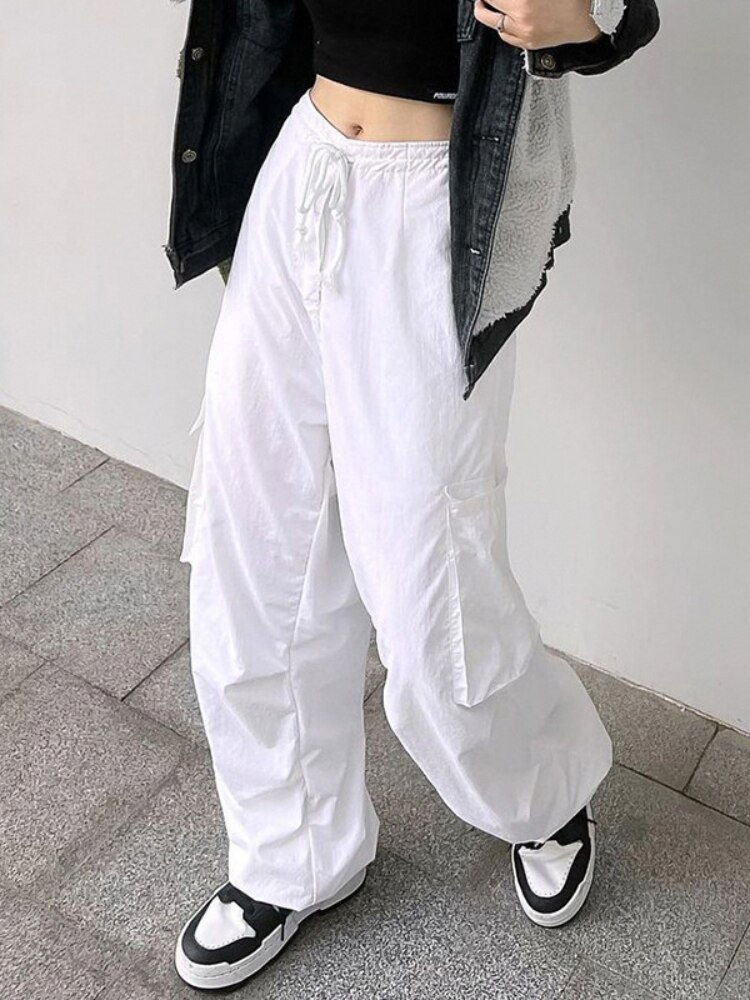 HOUZHOU Y2K Harajuku White Parachute Cargo Pants Hip Hop Vintage Streetwear Wide Leg Pockets Trousers Female 2 - Parachute Pant Shop