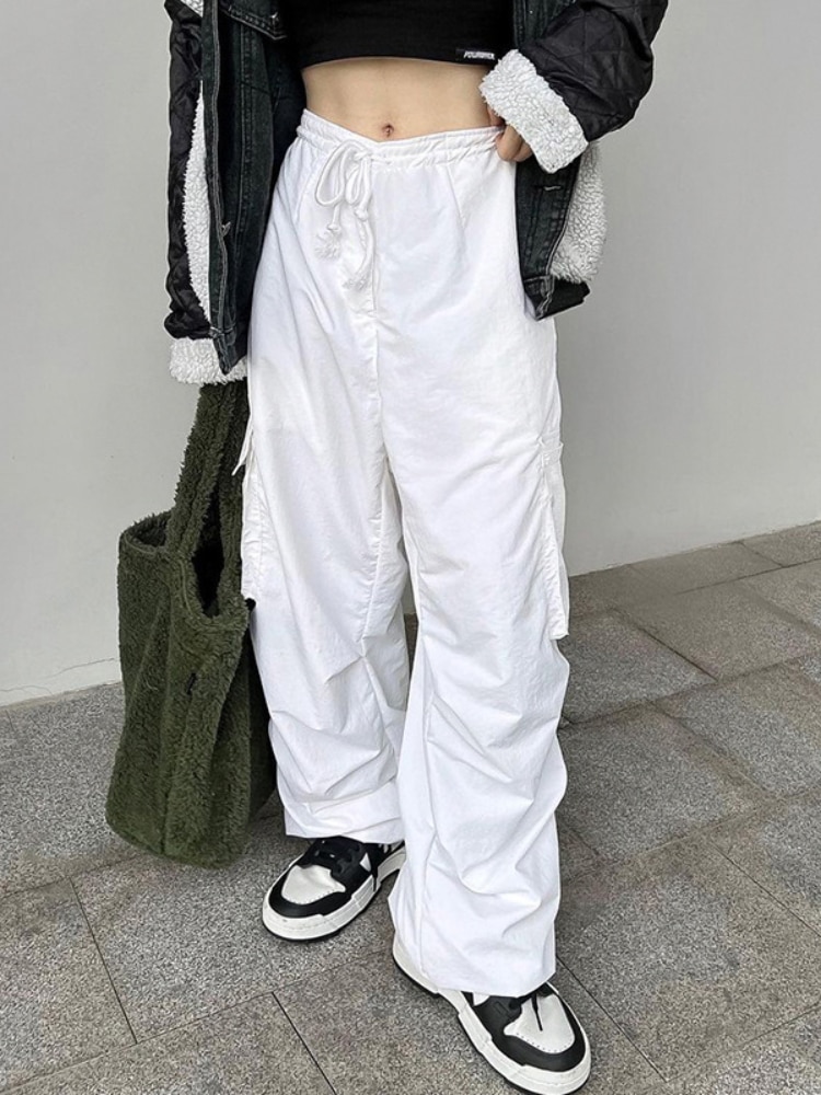 HOUZHOU Y2K Harajuku White Parachute Cargo Pants Hip Hop Vintage Streetwear Wide Leg Pockets Trousers Female - Parachute Pant Shop