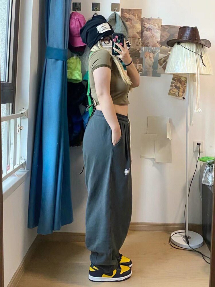 Harajuku Style Gray Parachute Sweatpants Women Oversize Korean Fashion Wide Leg Sports Pants Female Streetwear Baggy 5 - Parachute Pant Shop