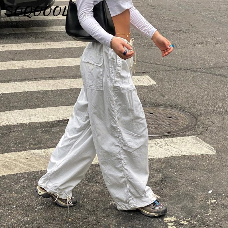 Hippie Y2K Cargo Pants Women Low Waist Sweatpant Drawstring Pockets Baggy Wide Leg Trousers Korean Vintage - Parachute Pant Shop