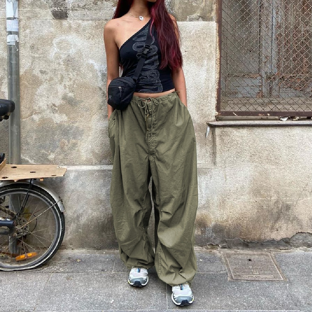 Parachute Pants y2k Streetwear Summer For Women Cargo Trousers Green Drawstring Wide And Loose White Pants 2 - Parachute Pant Shop