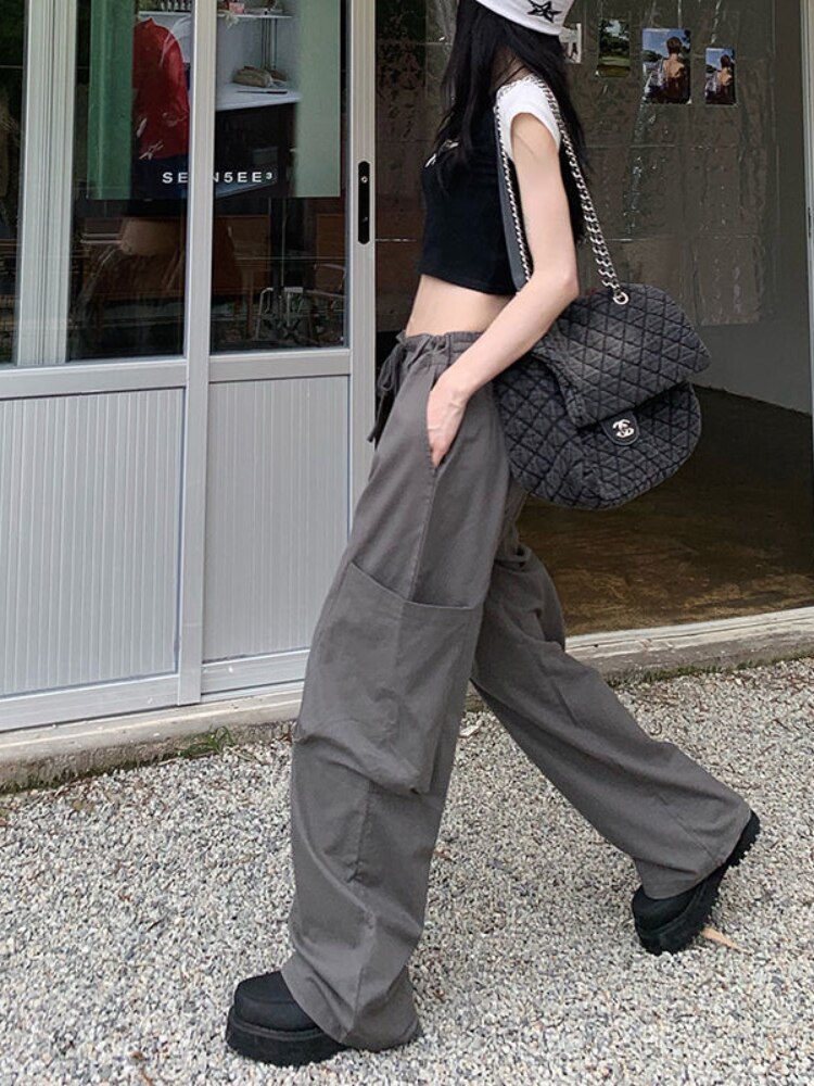 QWEEK Harajuku Cargo Parachute Pants Women Y2K Korean Fashion Wide Leg Trousers Oversize Hip Hop Streetwear 1 - Parachute Pant Shop