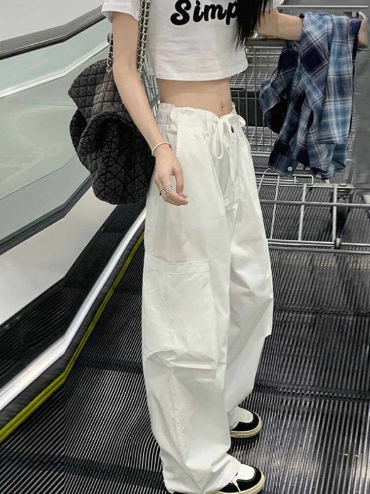 QWEEK Harajuku Cargo Parachute Pants Women Y2K Korean Fashion Wide Leg Trousers Oversize Hip Hop Streetwear 2 - Parachute Pant Shop