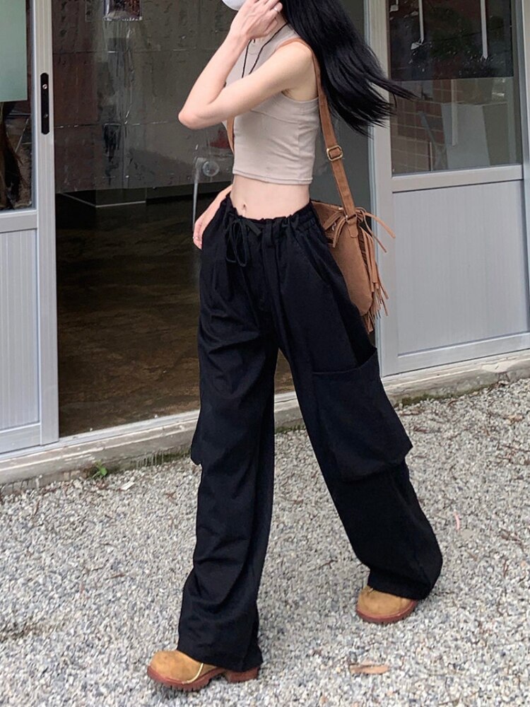 QWEEK Harajuku Cargo Parachute Pants Women Y2K Korean Fashion Wide Leg Trousers Oversize Hip Hop Streetwear 4 - Parachute Pant Shop