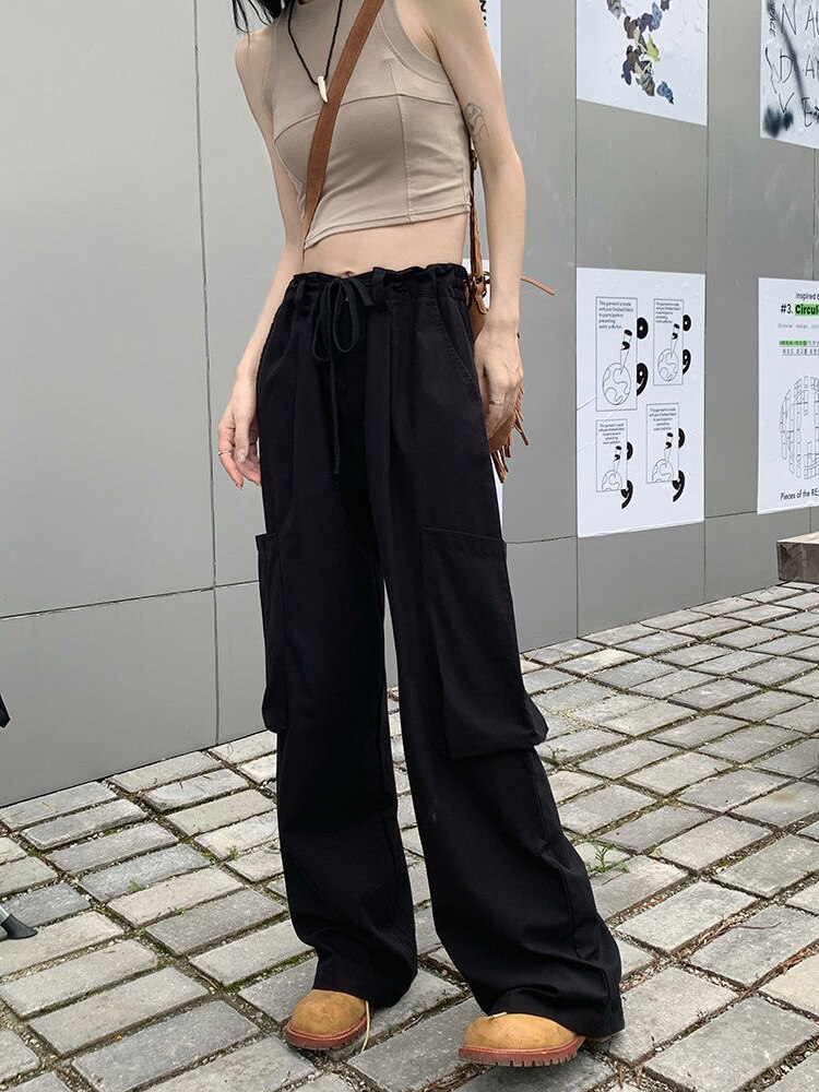 QWEEK Harajuku Cargo Parachute Pants Women Y2K Korean Fashion Wide Leg Trousers Oversize Hip Hop Streetwear 5 - Parachute Pant Shop