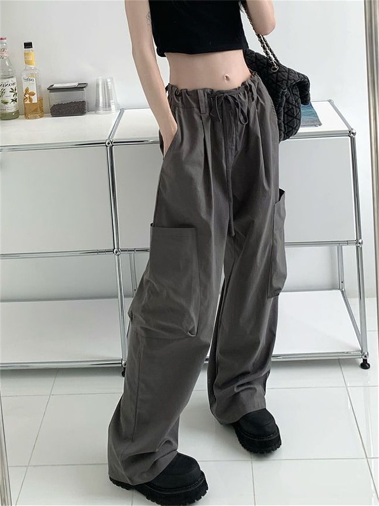QWEEK Harajuku Cargo Parachute Pants Women Y2K Korean Fashion Wide Leg Trousers Oversize Hip Hop Streetwear - Parachute Pant Shop