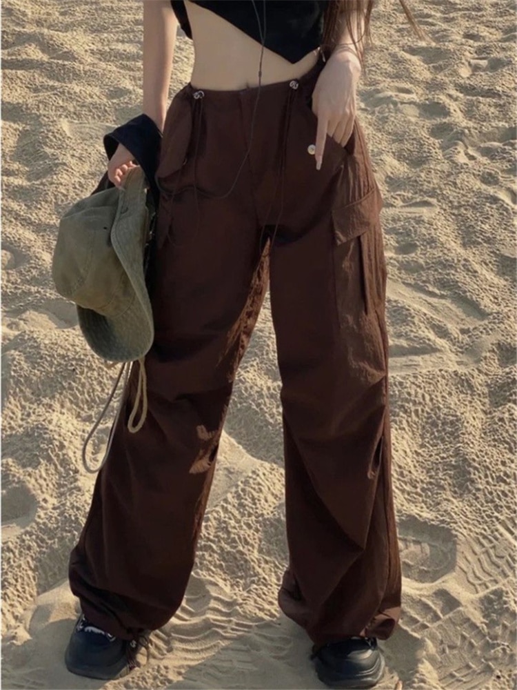 QWEEK Y2K Brown Low Waist Cargo Pants Women Korean Fashion Drawstring Oversize Wide Leg Parachute Trousers - Parachute Pant Shop
