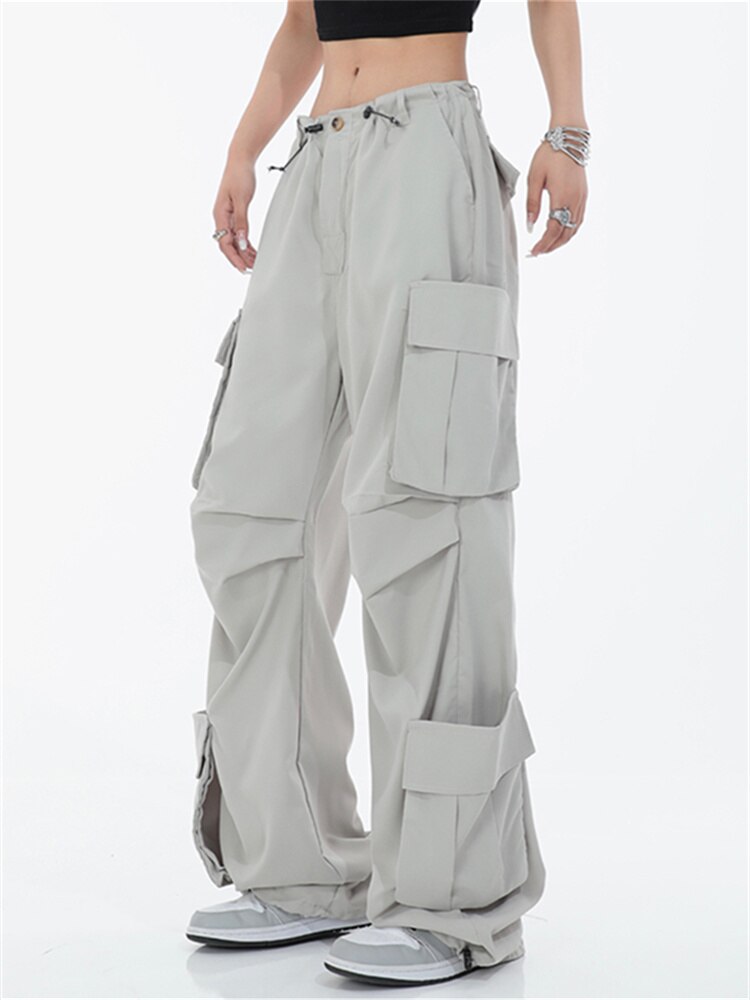 QWEEK Y2K Korean Style Gray Cargo Pants Women Oversize Techtwear Hip Hop Streetwear Wide Leg Parachute 1 - Parachute Pant Shop