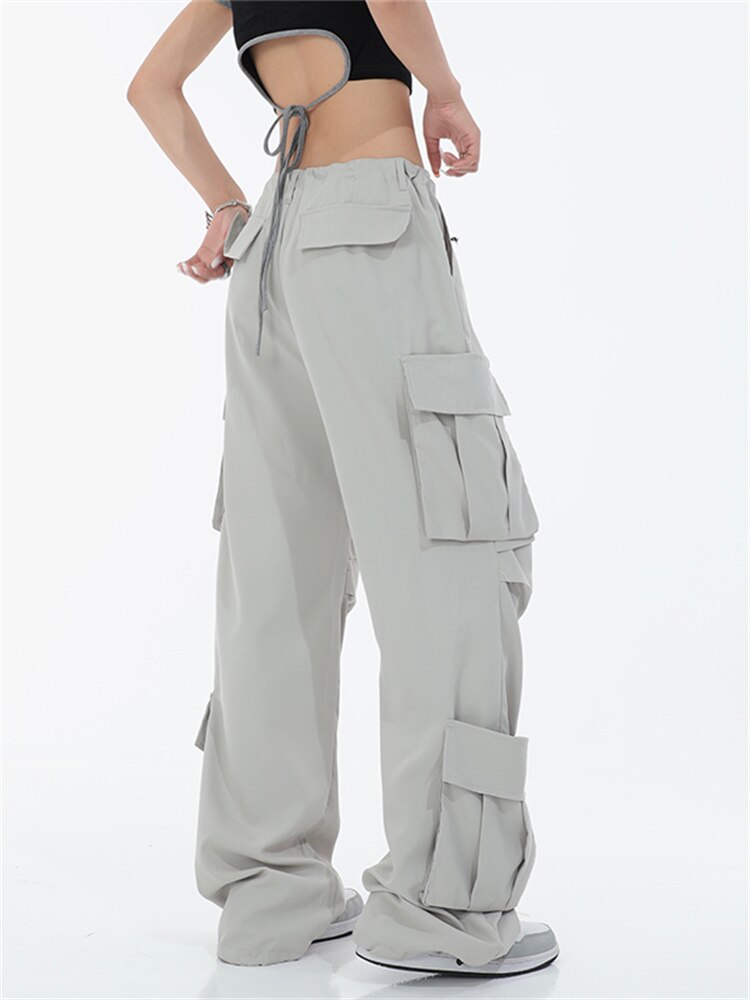 QWEEK Y2K Korean Style Gray Cargo Pants Women Oversize Techtwear Hip Hop Streetwear Wide Leg Parachute 2 - Parachute Pant Shop