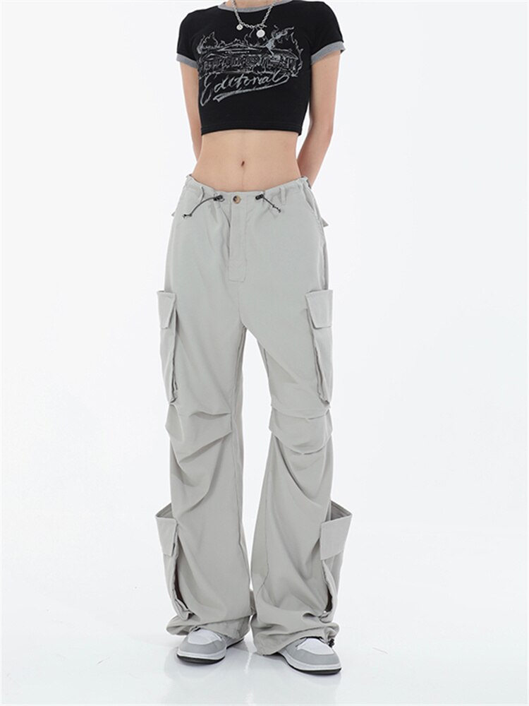 QWEEK Y2K Korean Style Gray Cargo Pants Women Oversize Techtwear Hip Hop Streetwear Wide Leg Parachute 3 - Parachute Pant Shop