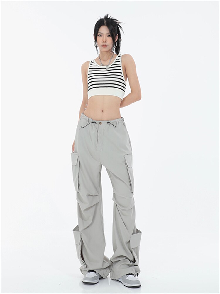 QWEEK Y2K Korean Style Gray Cargo Pants Women Oversize Techtwear Hip Hop Streetwear Wide Leg Parachute 4 - Parachute Pant Shop