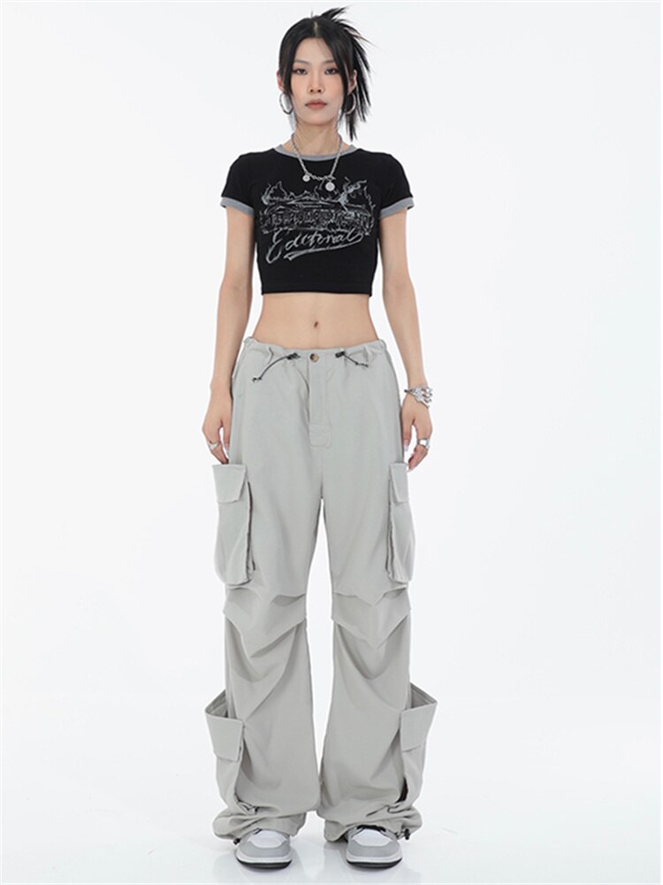QWEEK Y2K Korean Style Gray Cargo Pants Women Oversize Techtwear Hip Hop Streetwear Wide Leg Parachute 5 - Parachute Pant Shop