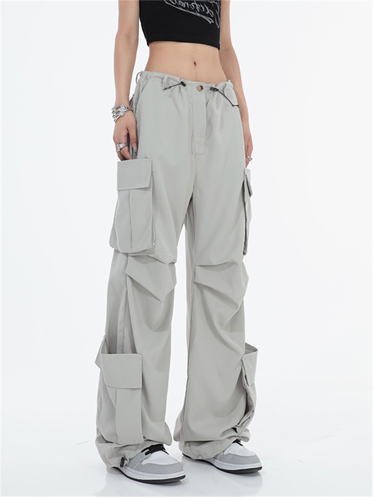 QWEEK Y2K Korean Style Gray Cargo Pants Women Oversize Techtwear Hip Hop Streetwear Wide Leg Parachute - Parachute Pant Shop