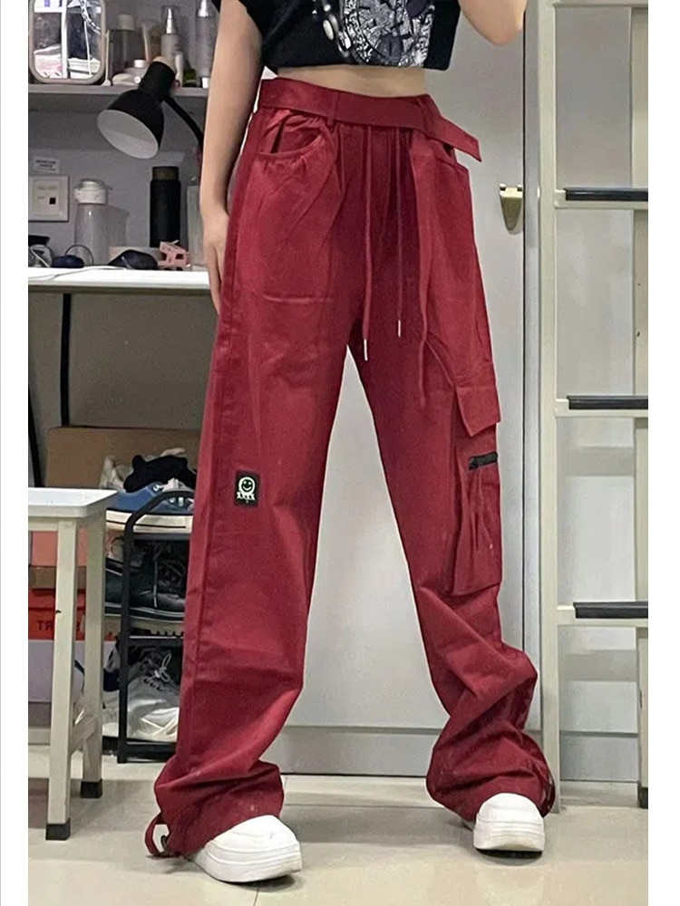 Red high waist Pants Y2K Parachute Pants Women Hippie Streetwear Oversize Pockets Cargo Trousers Harajuku Street 1 - Parachute Pant Shop