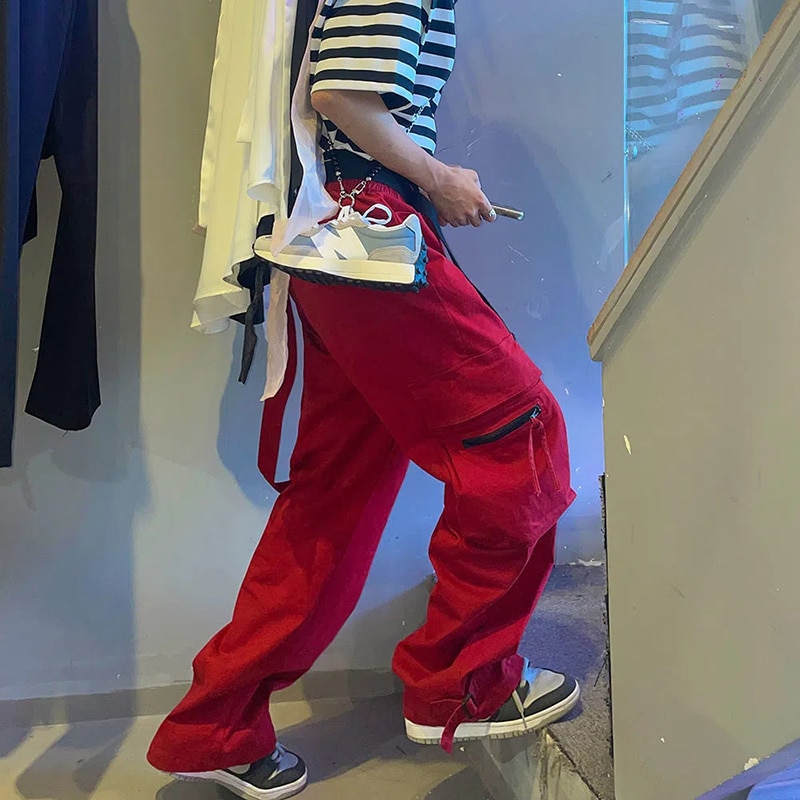 Red high waist Pants Y2K Parachute Pants Women Hippie Streetwear Oversize Pockets Cargo Trousers Harajuku Street 3 - Parachute Pant Shop