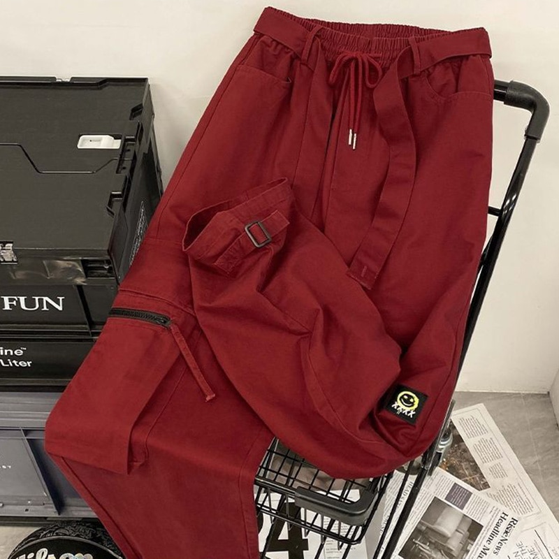 Red high waist Pants Y2K Parachute Pants Women Hippie Streetwear Oversize Pockets Cargo Trousers Harajuku Street 4 - Parachute Pant Shop