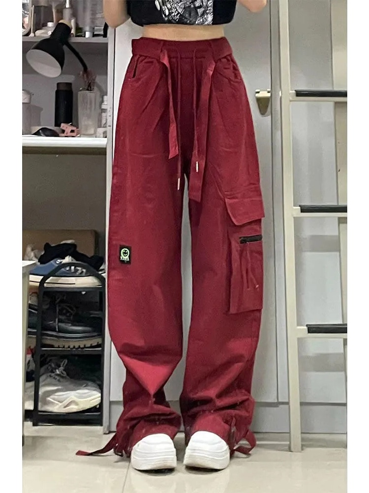 Red high waist Pants Y2K Parachute Pants Women Hippie Streetwear Oversize Pockets Cargo Trousers Harajuku Street - Parachute Pant Shop
