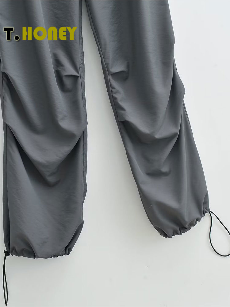 TELLHONEY Women Fashion Drawstring Pleat Baggy Cargo Pants Female High Street Chic Low Waist Wide Leg 5 - Parachute Pant Shop