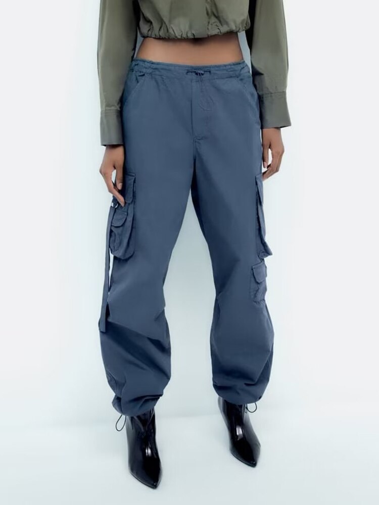 TRAF Women Solid Color Drawstring Loose Multi Pocket Sweatpant Cargo Trouser Fashion Parachute Pants Woman Streetwear 1 - Parachute Pant Shop