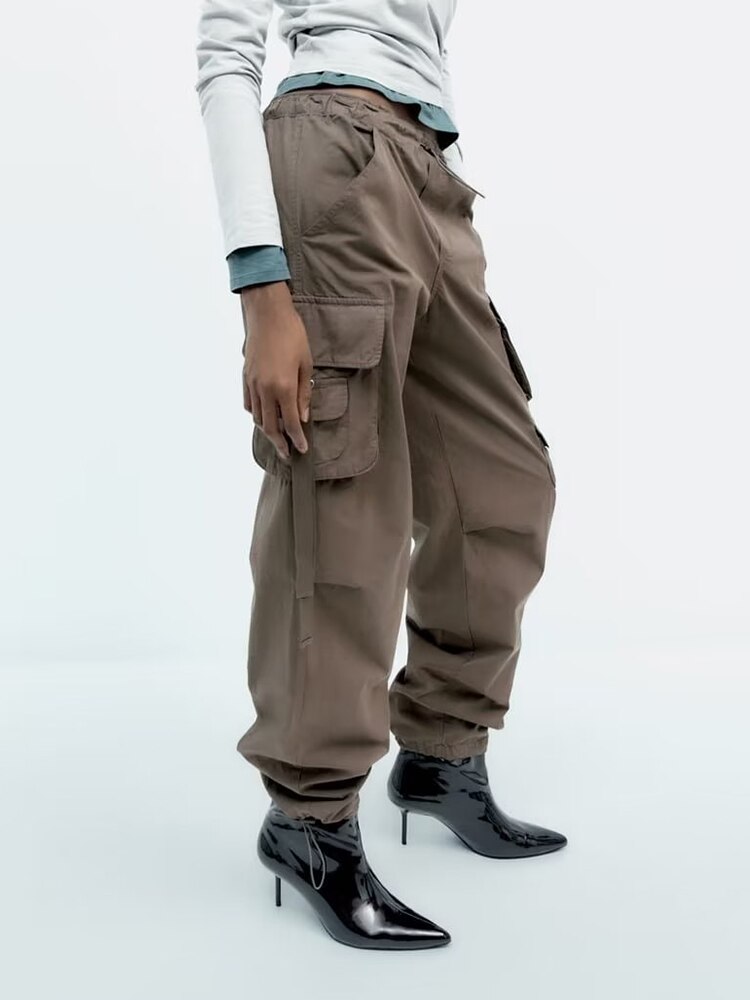TRAF Women Solid Color Drawstring Loose Multi Pocket Sweatpant Cargo Trouser Fashion Parachute Pants Woman Streetwear 2 - Parachute Pant Shop