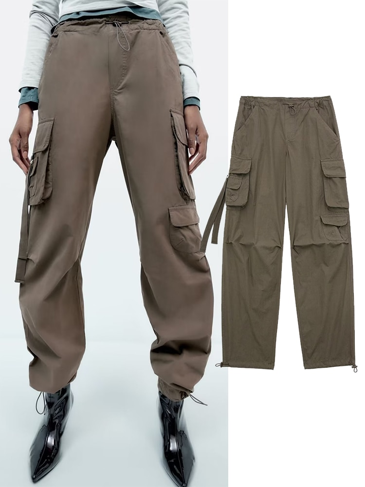 TRAF Women Solid Color Drawstring Loose Multi Pocket Sweatpant Cargo Trouser Fashion Parachute Pants Woman Streetwear - Parachute Pant Shop