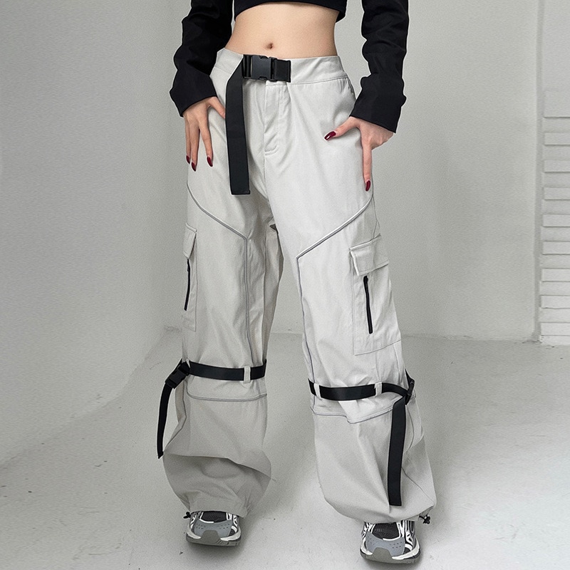 Tech Wear Baggy Pants Parachute Cargo Sweatpant Lace Up Pockets Gray Streetwear Y2k Style Clothes - Parachute Pant Shop