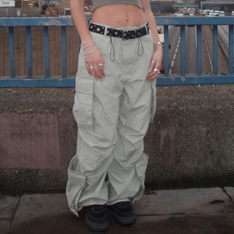 Vintage Gray Cargo Pants Baggy Parachute Multipockets Low Rise Trouser All Match Streetwear Hot Girls Women 2 - Parachute Pant Shop