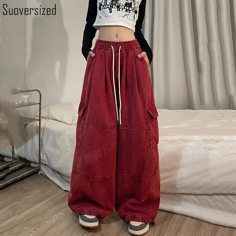 Vintage Red Baggy Low Waist Parachute Pants Women Big Pockets Long Pantalones Streetwear Y2k Boyfrined Style - Parachute Pant Shop