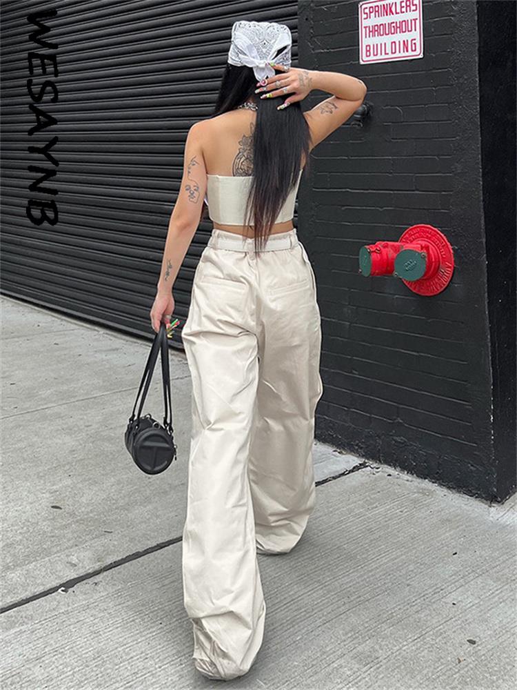 WESAYNB Fall y2k Clothes Cargo Streetwear Pants For Women 2022 Apricot Casual Pockets Trousers Baggy Wide 1 - Parachute Pant Shop