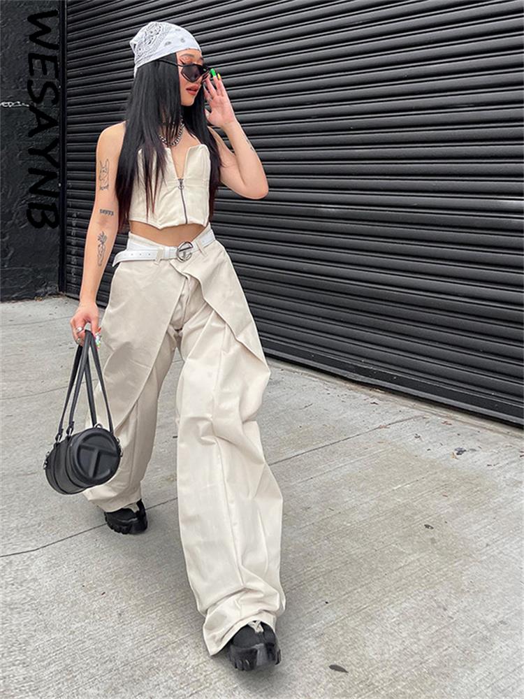 WESAYNB Fall y2k Clothes Cargo Streetwear Pants For Women 2022 Apricot Casual Pockets Trousers Baggy Wide - Parachute Pant Shop