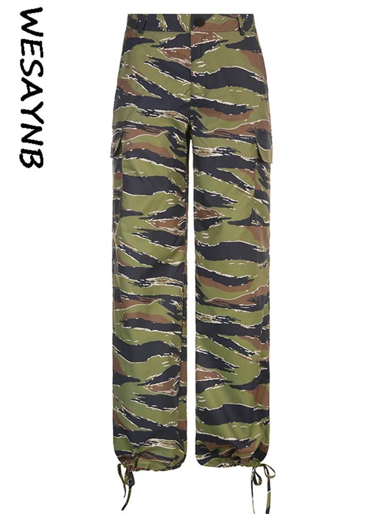 WESAYNB y2k Clothes Parachute Cargo Pants For Women 2022 Green Casual Print Camouflage Trousers Baggy Straight 4 - Parachute Pant Shop