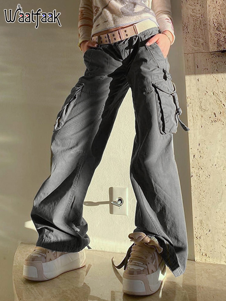 Waatfaak Grunge Hip Hop Parachute Pants Y2K Low Waisted Oversize Bandage Grey Cargo Pants Streetwear Wide - Parachute Pant Shop