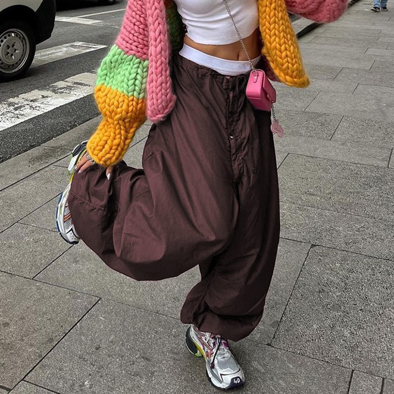 Women Baggy Low Rise Cargo Pants Leg Parachute Joggers Drawstring Long Streetwear Trousers - Parachute Pant Shop