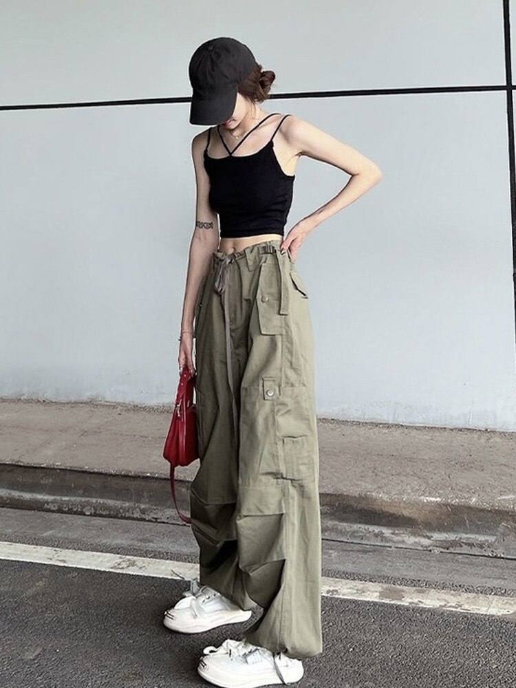 Women Y2K Hip Hop Retro Green Cargo Pants Harajuku Oversized Wide Leg Parachute Trousers Female Black 1 - Parachute Pant Shop